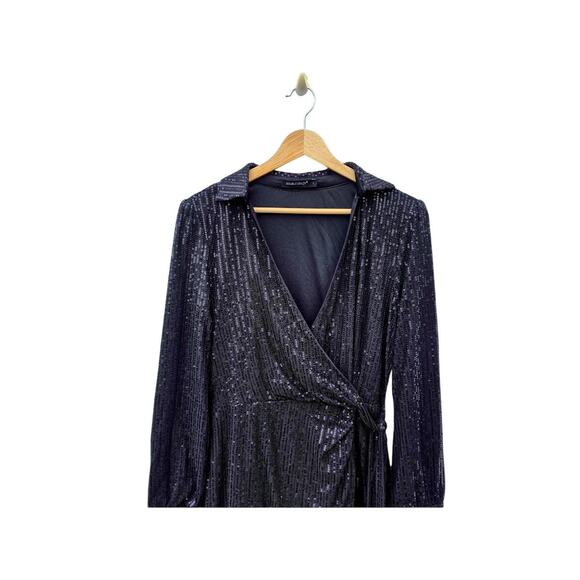 Double Crazy Black Sequin Long Sleeve Wrap Dress L - Picture 3 of 8